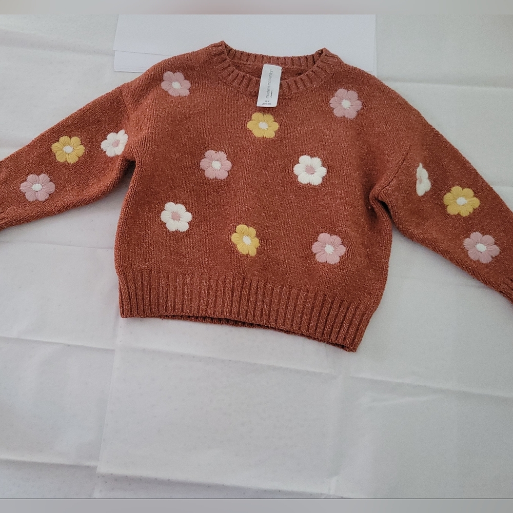 Rust Flower Knit Sweater with Pastel Blooms